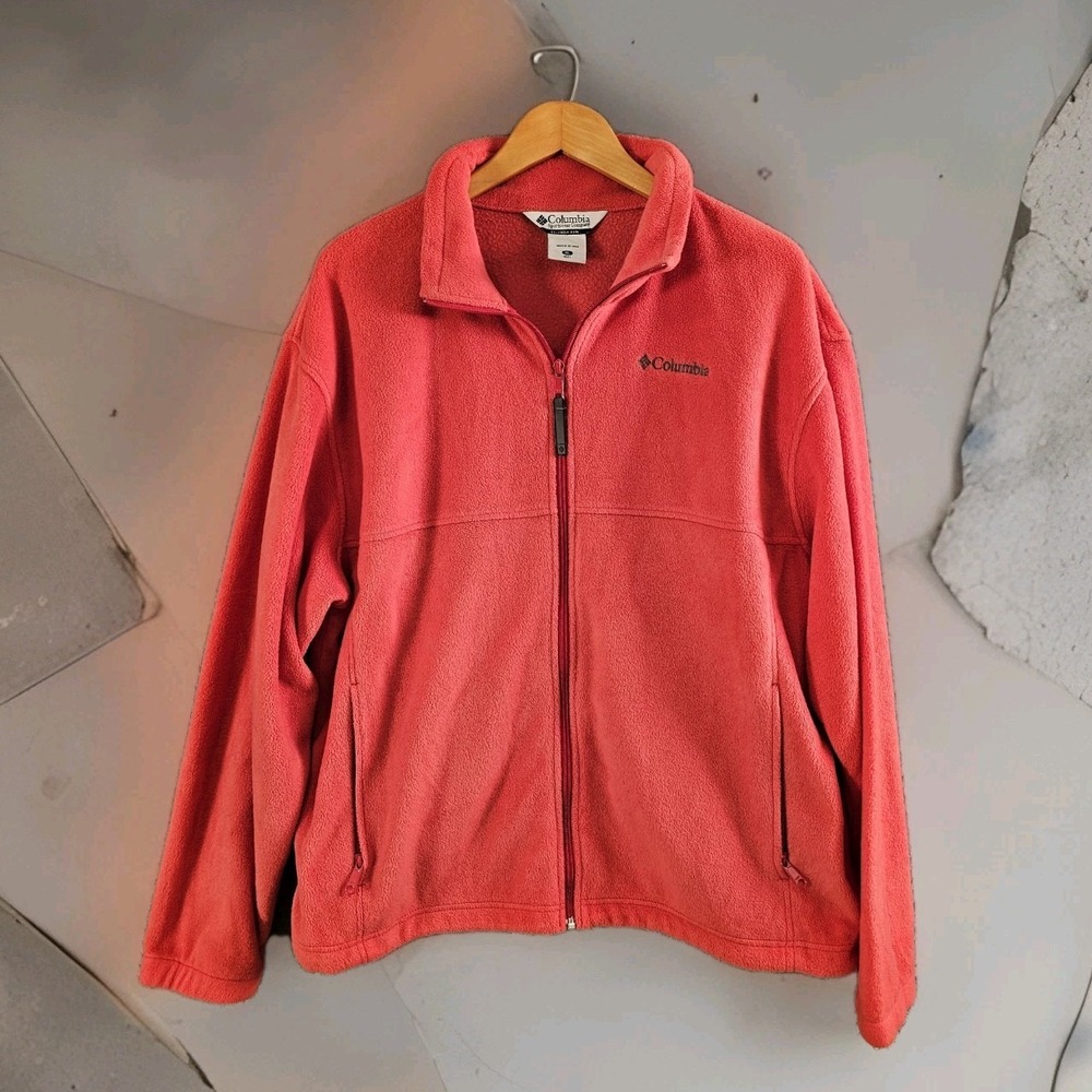 Columbia Full Zip Fleece Jacket Mens XLโ Red Hiking Camp Sweater Nature Outdoors